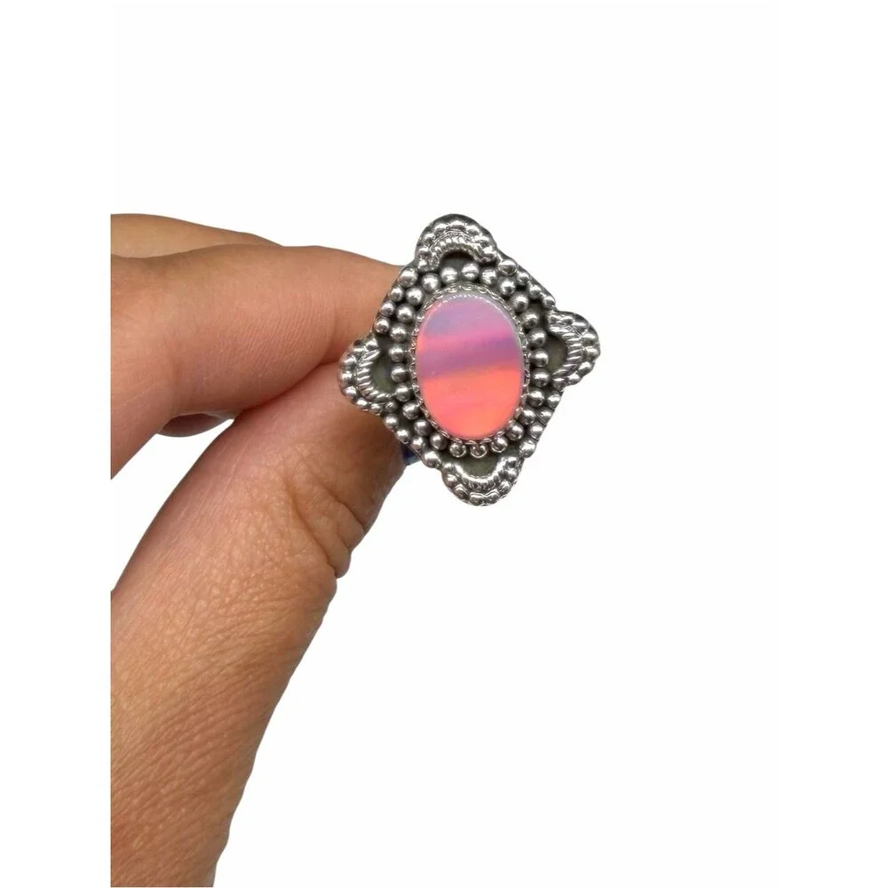 Aurora Fire Opal Ring Size 7 Solid 925 Sterling Silver Pink Aura Stone